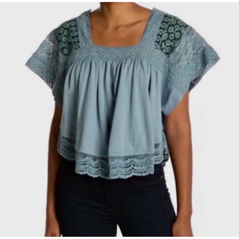 🪷 Free People Boho Crochet Lace Embroidered Prairie Days Top Blue/Green Medium 🪷
